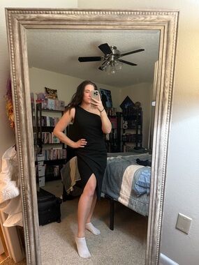 Black One-Shoulder Midi Dress with Front Slit